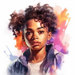 Watercolor painting of a young black transgender person against a white background