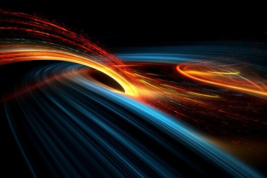 Warp speed trail style of star trek flying across a horizontal black background, curved lines