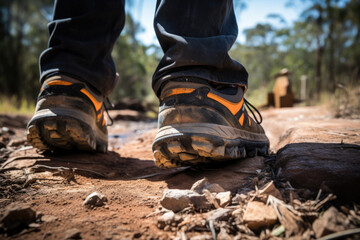 Close up of a person&rsquo;s feet walking on a dirt trail. The person is wearing black hiking shoes. The trail is made of red dirt and rocks