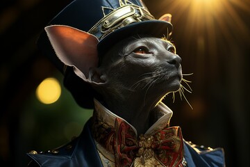 AI generated illustration of a black cat wearing a circus hat and costume and looking up