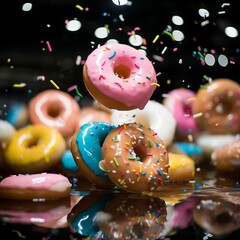 Fototapeta na wymiar AI generated illustration of a vibrant array of delicious donuts in mid air