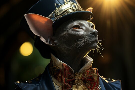 AI generated illustration of a black cat wearing a circus hat and costume and looking up