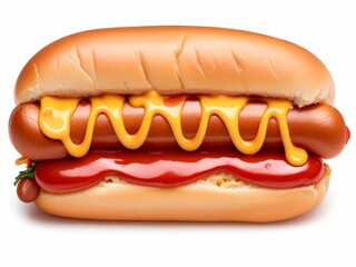 AI generated illustration of a hot dog with a topping of yellow mustard and ketchup