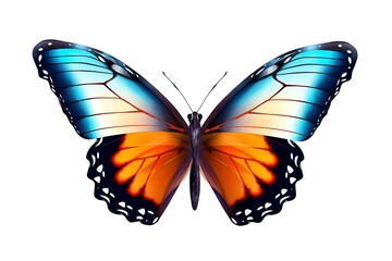 Very beautiful blue orange butterfly in flight isolated on a transparent background, Generative AI