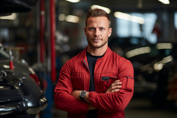 Fototapeta na wymiar Engine of Industry: High-Resolution Portrait of a Young Mechanic Standing Confidently in a Bustling Car Factory Workshop