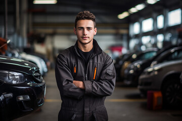 Engine of Industry: High-Resolution Portrait of a Young Mechanic Standing Confidently in a Bustling Car Factory Workshop