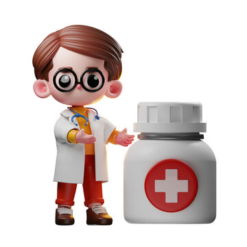 recommend clip art: 3d Male Doctor Character Pointing To Medicine