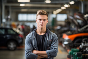 Engine of Industry: High-Resolution Portrait of a Young Mechanic Standing Confidently in a Bustling Car Factory Workshop