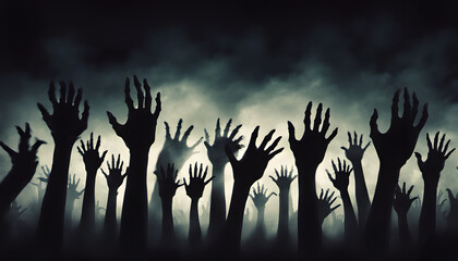 Zombie hand emerging from the ground, Graveyard in spooky death Forest At Halloween Night