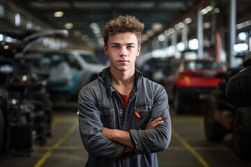 Engine of Industry: High-Resolution Portrait of a Young Mechanic Standing Confidently in a Bustling Car Factory Workshop