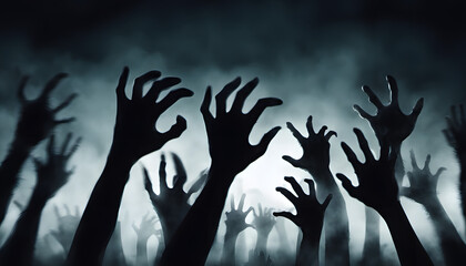 Zombie hand emerging from the ground, Graveyard in spooky death Forest At Halloween Night