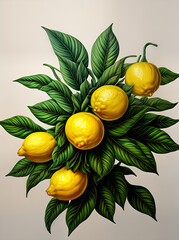 Floral lemons leaves drawing vintage colored background.