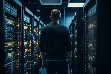 Fototapeta premium An IT specialist in a server room, carefully managing and organizing racks of equipment Generative AI