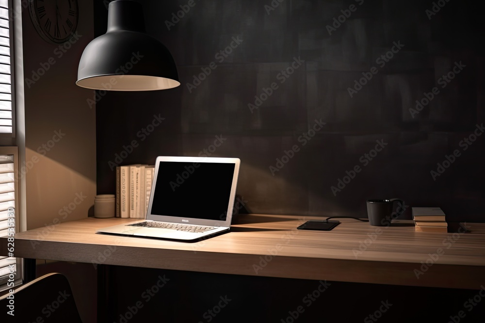 Wall mural home office with a desk for work. laptop screen on hardwood table is completely black. a mockup a ca