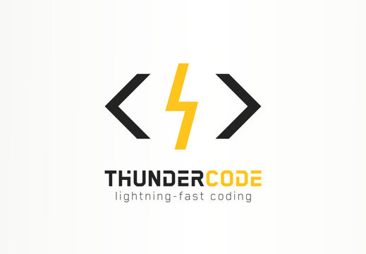 Thunder code logo. Fast coding logotype idea. Program development, computer technology concept. flash abstract brand for business company. Bolt in brackets design element. Vector line icon
