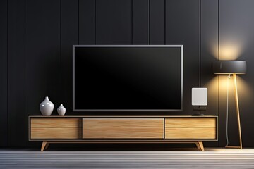 Illustration. A spacious room with a black widescreen TV and a white oak sideboard. Isolated. Generative AI