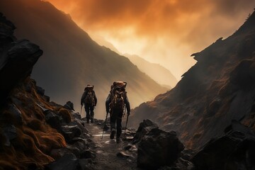 AI generated illustration of a diverse group of hikers ascend a rugged mountain trail