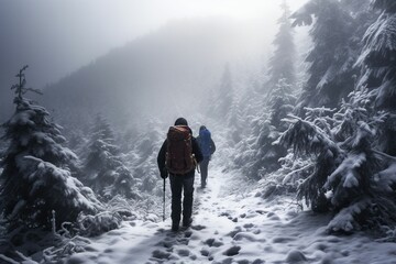 AI generated illustration of a young man wearing a backpack is trekking through a wintery forest