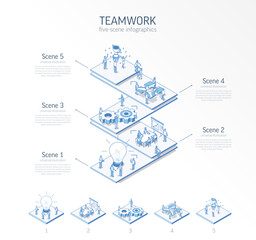 3d line isometric teamwork infographic template. Office work. success, communication presentation layout. 5 option steps, process parts, growth concept. Business people team. Cooperation, trophy icon. - 628535756