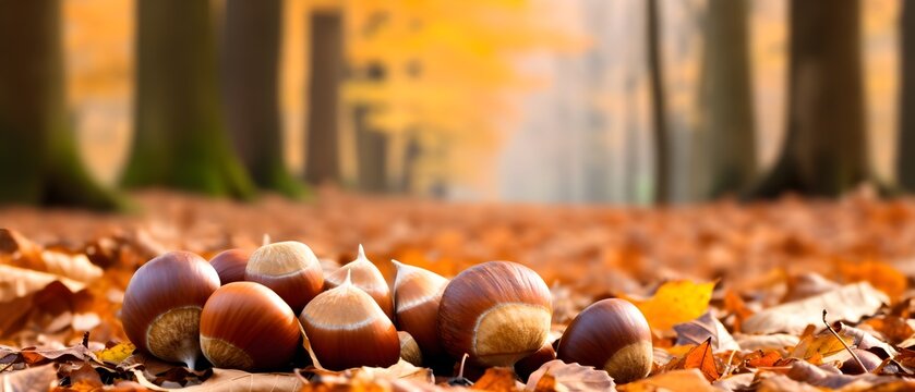 Des ch&acirc;taignes au sol dans une foret en automne