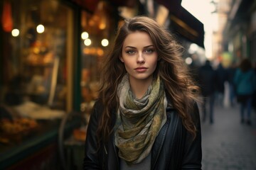 Fototapeta premium AI generated illustration of a young brunette woman with a scarf in the street