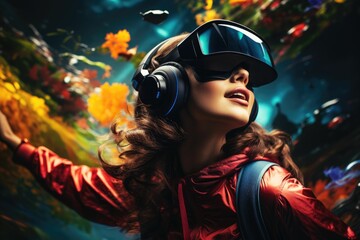 Fototapeta premium AI-generated illustration of A female wearing headphones and a Virtual Reality headset dancing
