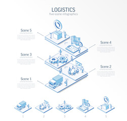 3d line isometric Global Logistics infographic template. Import, export presentation layout. 5 option steps, process parts, growth concept. Business people team. Transport, delivery, distribution icon