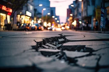 Foto op Canvas In a busy city street, there is a road with a long crack, depicting the effects of an earthquake. The background appears blurry © id512
