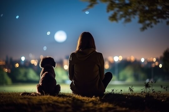 a lonely young woman, looking depressed and stressed, sits with her dog in the park at night