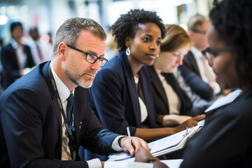 An attentive business meeting with participants actively listening and taking notes Generative AI