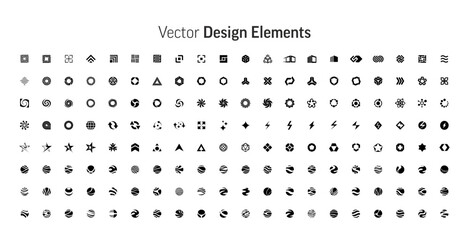 Vector design elements set. Abstract geometric shape silhouettes, black brutalism forms. Modern trendy minimalist basic logo figures, stars, lines, circles, memphis geometric icons. Business logotype. - 628536506