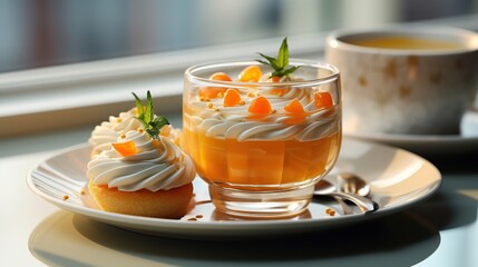 Tartlets with curd cream persimmon and tea generative ai - obrazy, fototapety, plakaty
