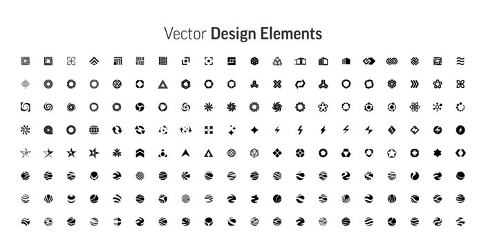 Vector design elements set. Abstract geometric shape silhouettes, black brutalism forms. Modern trendy minimalist basic logo figures, stars, lines, circles, memphis geometric icons. Business logotype.