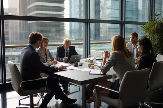 A formal business meeting with professionals dressed in business attire, maintaining a professional atmosphere Generative AI