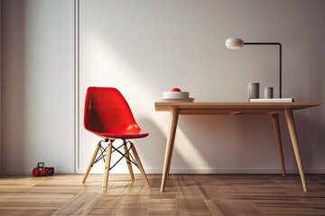 Interior design, workspace, copyspace, and a red chair on a wooden floor. Generative AI