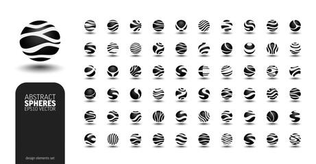 3D spheres logo set, geometric shapes collection, vector abstract icon, graphic design elements. Round, circle form business logotypes. Minimalistic halftone black globe, ball with dot, wave, line.