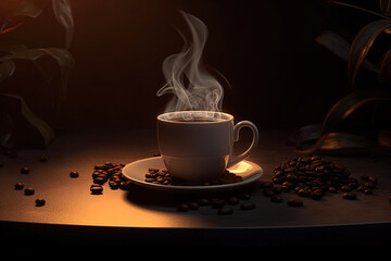 Cup and coffee beans on the table with soft light, empty space and dark background