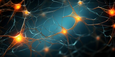 Neuron cells in a dark, in the style of dark orange and light gold, photorealistic fantasies  created with Generative AI technology