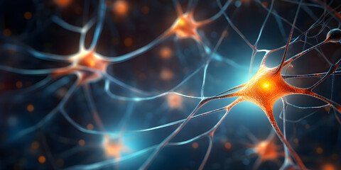 Neuron cells in a dark, in the style of dark orange and light gold, photorealistic fantasies  created with Generative AI technology