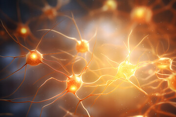 Neuron cells in a dark, in the style of dark orange and light gold, photorealistic fantasies  created with Generative AI technology