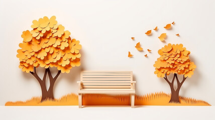 a bench in an autumn park on a white background paper sculpture.