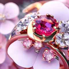 a jewelry design, sakura-themed ring, gemstones and diamonds