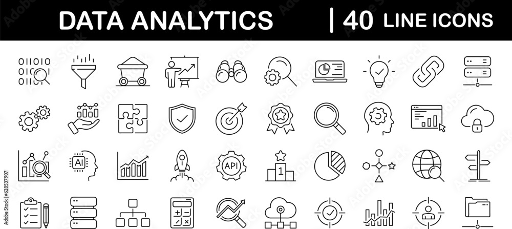 Aufkleber Data analytics set of web icons in line style. Data analysis icons for web and mobile app. Data processing, statistics, database, analytics, monitoring, computing, AI, hosting, monitoring, server