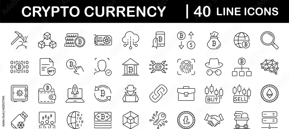 Aufkleber Cryptocurrency set of web icons in line style. Crypto technology and Blockchain icons for web and mobile app. Crypto currency, bitcoin, NFT, technology, decentralized finance, encryption, token