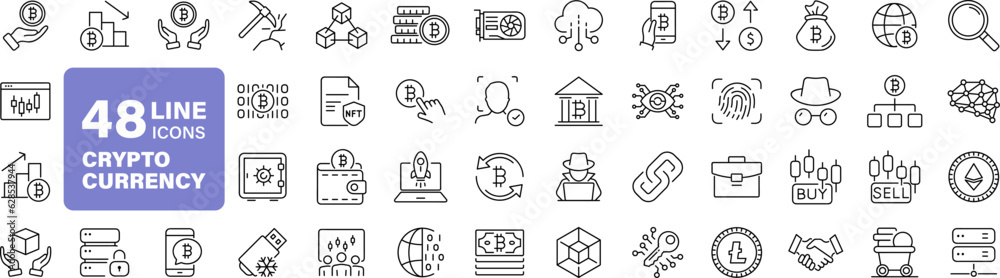 Aufkleber Cryptocurrency set of web icons in line style. Crypto technology and Blockchain icons for web and mobile app. Crypto currency, bitcoin, NFT, technology, decentralized finance, encryption, token
