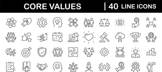Core value set of web icons in line style. Core values icons for web and mobile app. Performance, innovation, goals, integrity, customer, commitment, quality, teamwork. Vector illustration