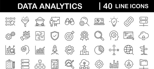 Data analytics set of web icons in line style. Data analysis icons for web and mobile app. Data processing, statistics, database, analytics, monitoring, computing, AI, hosting, monitoring, server