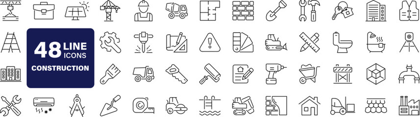 Construction set of web icons in line style. Building and construction icons for web and mobile app. Home repair, crane, building, tools, land, excavator, contractor, builders. Vector illustration