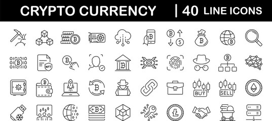 Fototapeta na wymiar Cryptocurrency set of web icons in line style. Crypto technology and Blockchain icons for web and mobile app. Crypto currency, bitcoin, NFT, technology, decentralized finance, encryption, token