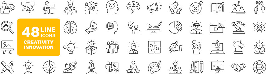Creativity innovation set of web icons in line style. Creative business solutions icons for web and mobile app.Creative idea, team management, solution, brainstorming, invention. Vector illustration - obrazy, fototapety, plakaty